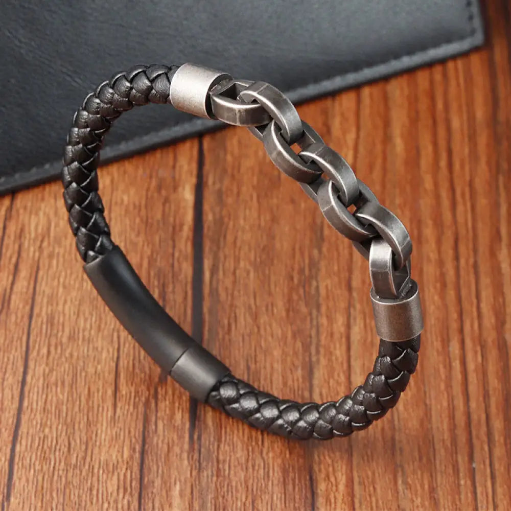 Buddha Stones Chain Design Titanium Steel Balance Leather Braided Buckle Bracelet - BWOOOH - Single Layer(Wrist
