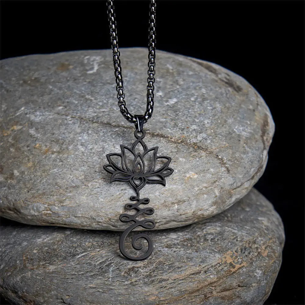 Buddha Stones Chakra Symbol Irregular Design Lotus Stainless Steel Enlightenment Necklace Pendant - BWOOOH - Black