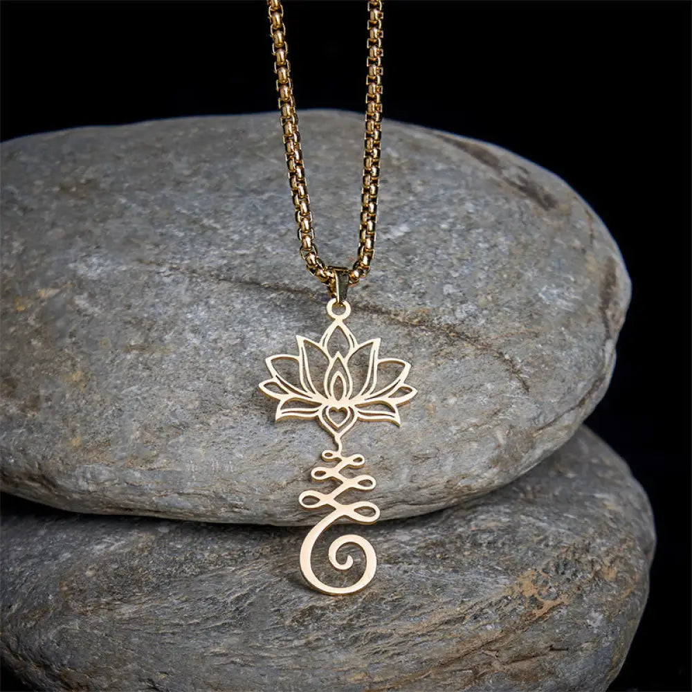 Buddha Stones Chakra Symbol Irregular Design Lotus Stainless Steel Enlightenment Necklace Pendant - BWOOOH - Gold