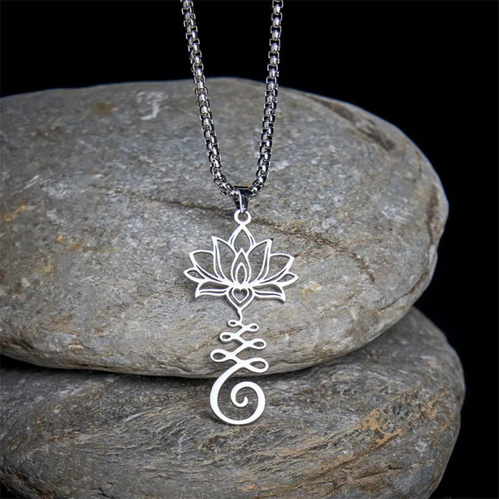 Buddha Stones Chakra Symbol Irregular Design Lotus Stainless Steel Enlightenment Necklace Pendant - BWOOOH - Silver