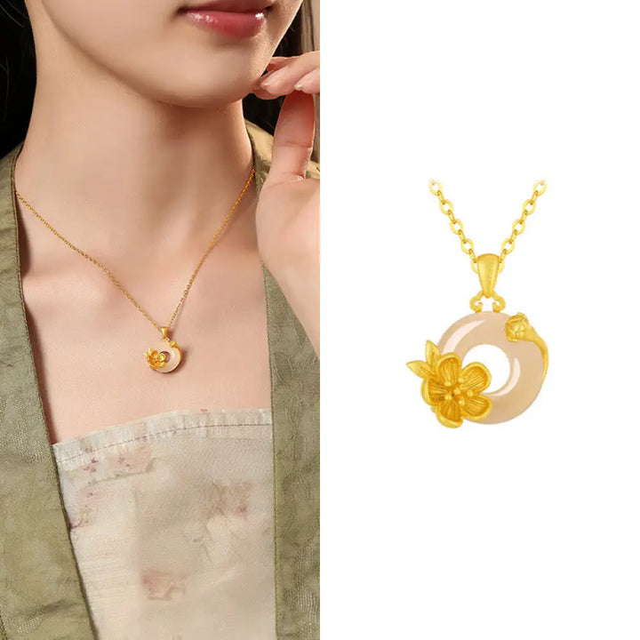 Buddha Stones Chalcedony 925 Sterling Silver Peace Buckle Flowers Necklace Pendant - BWOOOH - Apricot Blossom / Golden