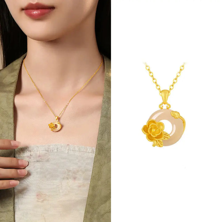 Buddha Stones Chalcedony 925 Sterling Silver Peace Buckle Flowers Necklace Pendant - BWOOOH - Camellia / Golden 925