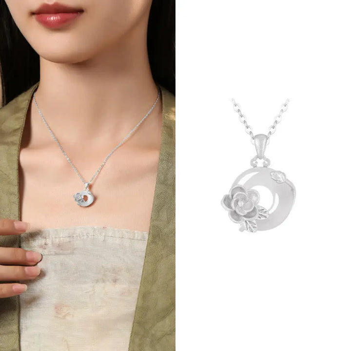 Buddha Stones Chalcedony 925 Sterling Silver Peace Buckle Flowers Necklace Pendant - BWOOOH - Camellia / 925 Sterling