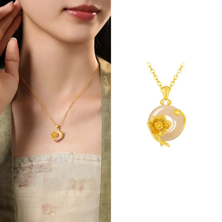 Buddha Stones Chalcedony 925 Sterling Silver Peace Buckle Flowers Necklace Pendant - BWOOOH - Daffodil / Golden 925