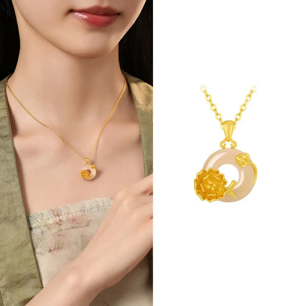 Buddha Stones Chalcedony 925 Sterling Silver Peace Buckle Flowers Necklace Pendant - BWOOOH - Hibiscus / Golden 925