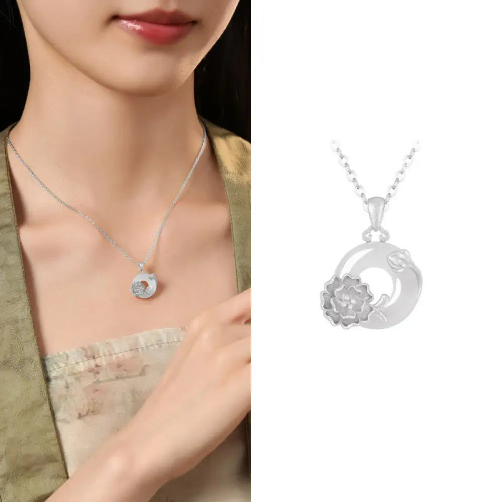 Buddha Stones Chalcedony 925 Sterling Silver Peace Buckle Flowers Necklace Pendant - BWOOOH - Hibiscus / 925 Sterling