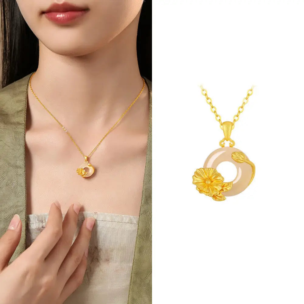 Buddha Stones Chalcedony 925 Sterling Silver Peace Buckle Flowers Necklace Pendant - BWOOOH - Hollyhock / Golden 925