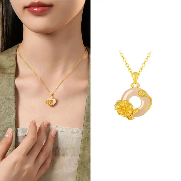 Buddha Stones Chalcedony 925 Sterling Silver Peace Buckle Flowers Necklace Pendant - BWOOOH - Hollyhock / Golden 925