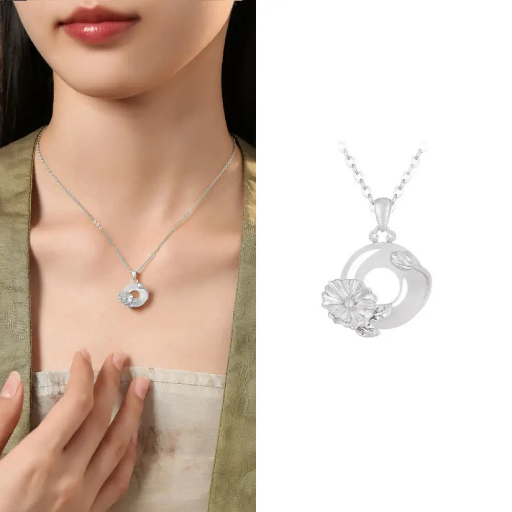 Buddha Stones Chalcedony 925 Sterling Silver Peace Buckle Flowers Necklace Pendant - BWOOOH - Hollyhock / 925 Sterling