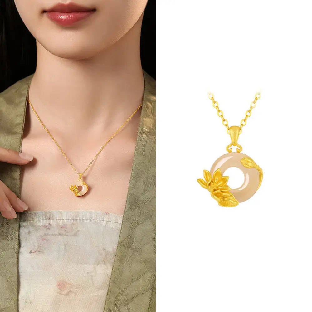 Buddha Stones Chalcedony 925 Sterling Silver Peace Buckle Flowers Necklace Pendant - BWOOOH - Lotus / Golden 925
