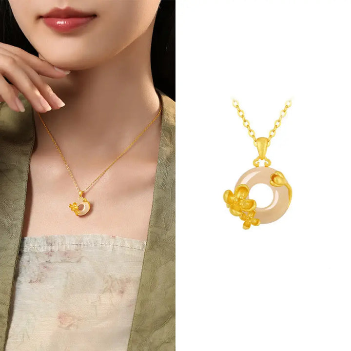 Buddha Stones Chalcedony 925 Sterling Silver Peace Buckle Flowers Necklace Pendant - BWOOOH - Osmanthus / Golden 925