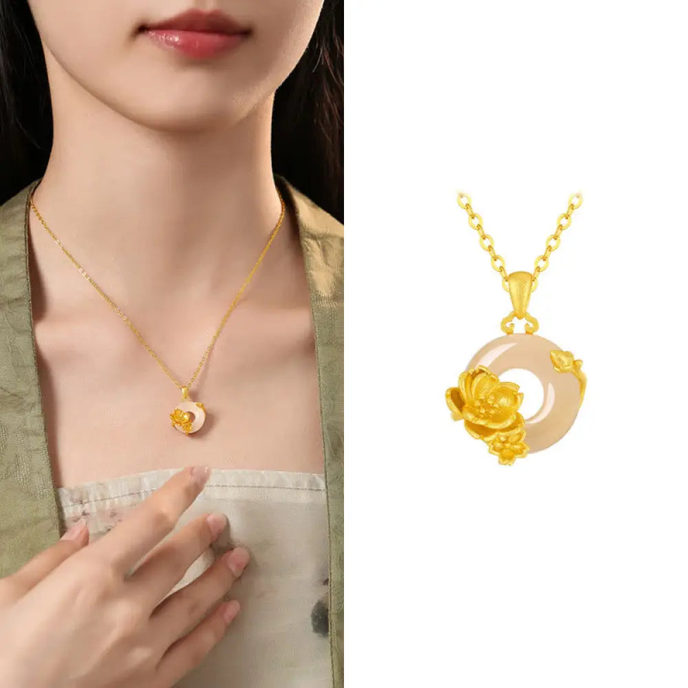 Buddha Stones Chalcedony 925 Sterling Silver Peace Buckle Flowers Necklace Pendant - BWOOOH - Peach Blossom / Golden
