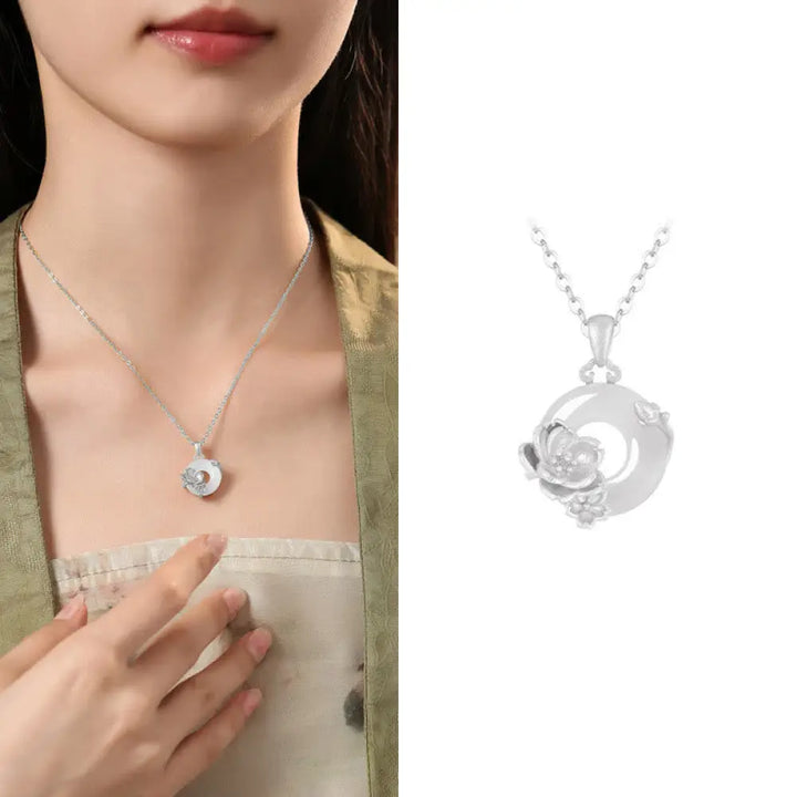 Buddha Stones Chalcedony 925 Sterling Silver Peace Buckle Flowers Necklace Pendant - BWOOOH - Peach Blossom / 925