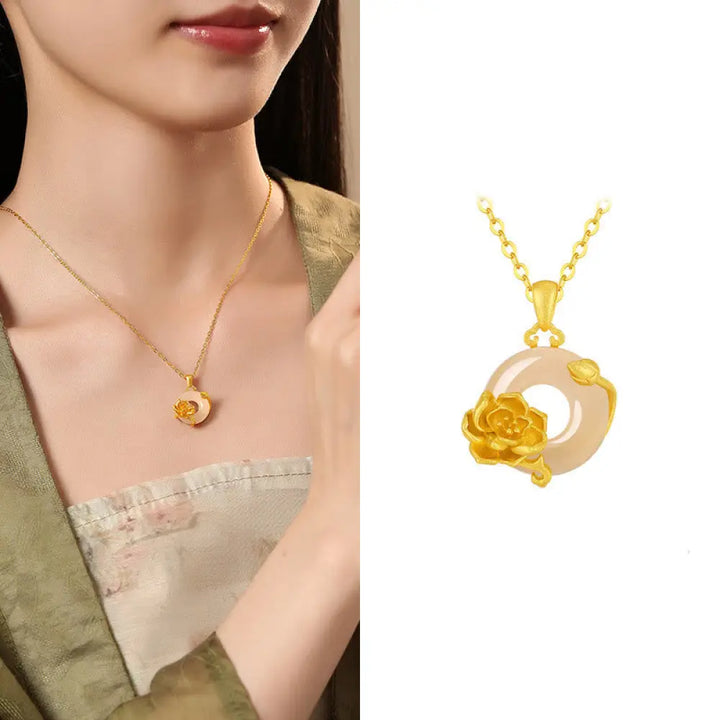 Buddha Stones Chalcedony 925 Sterling Silver Peace Buckle Flowers Necklace Pendant - BWOOOH - Peony / Golden 925