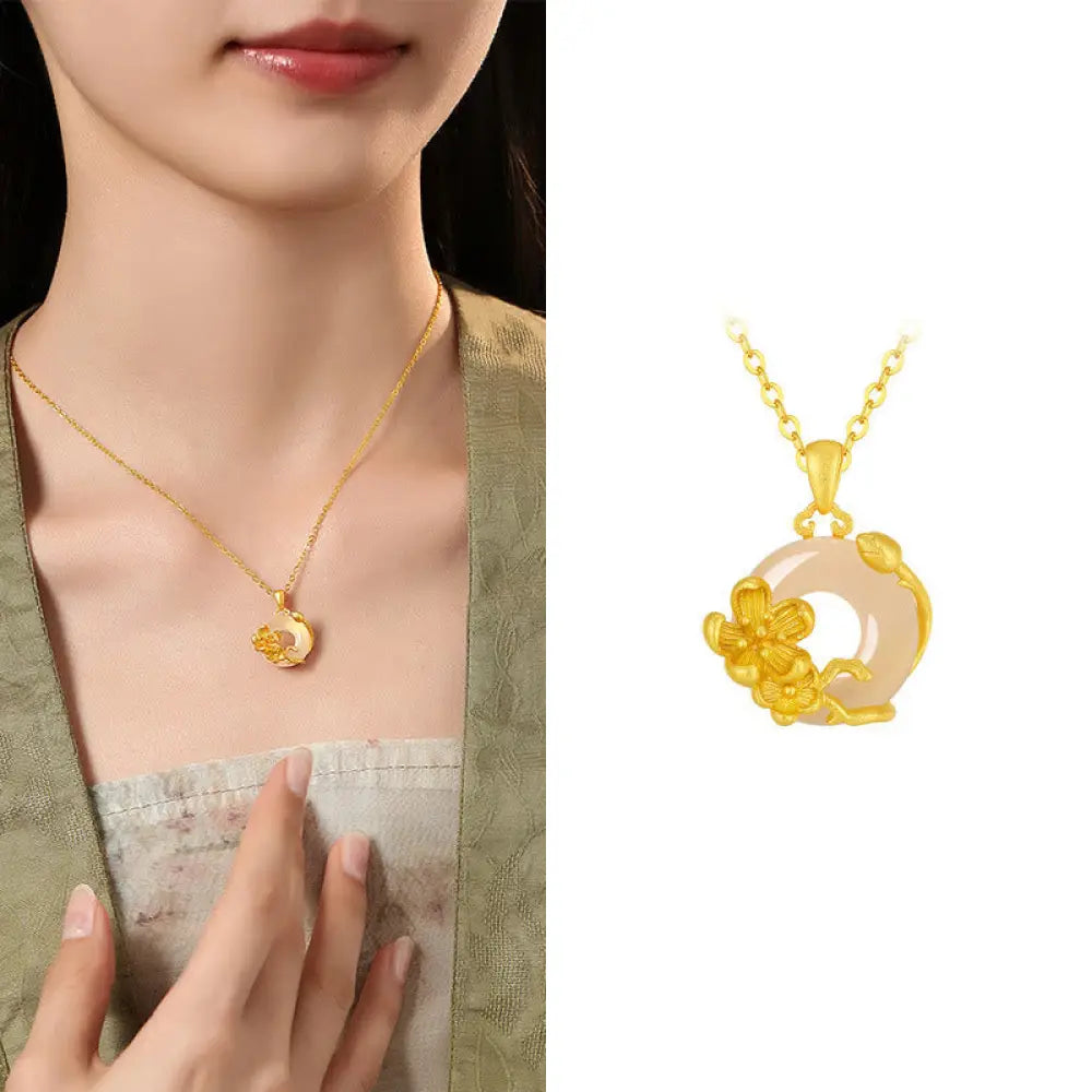 Buddha Stones Chalcedony 925 Sterling Silver Peace Buckle Flowers Necklace Pendant - BWOOOH - Plum Blossom / Golden 925