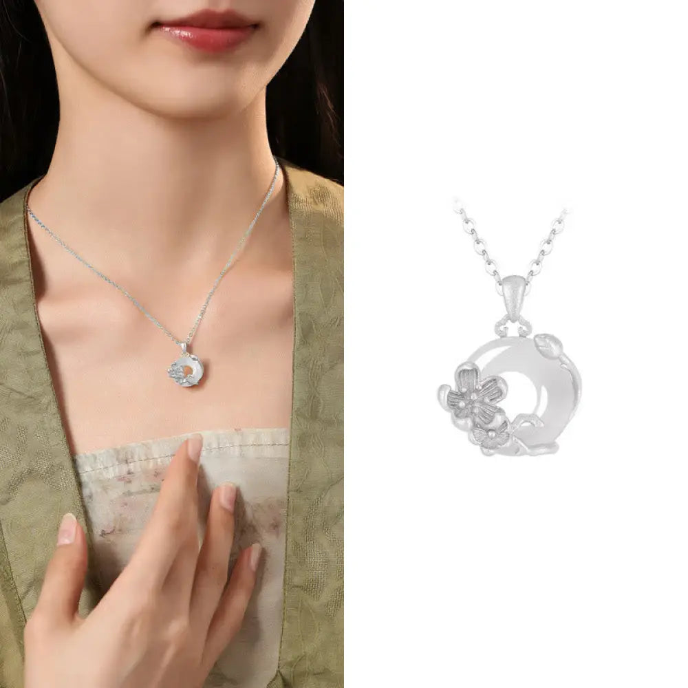 Buddha Stones Chalcedony 925 Sterling Silver Peace Buckle Flowers Necklace Pendant - BWOOOH - Plum Blossom / 925