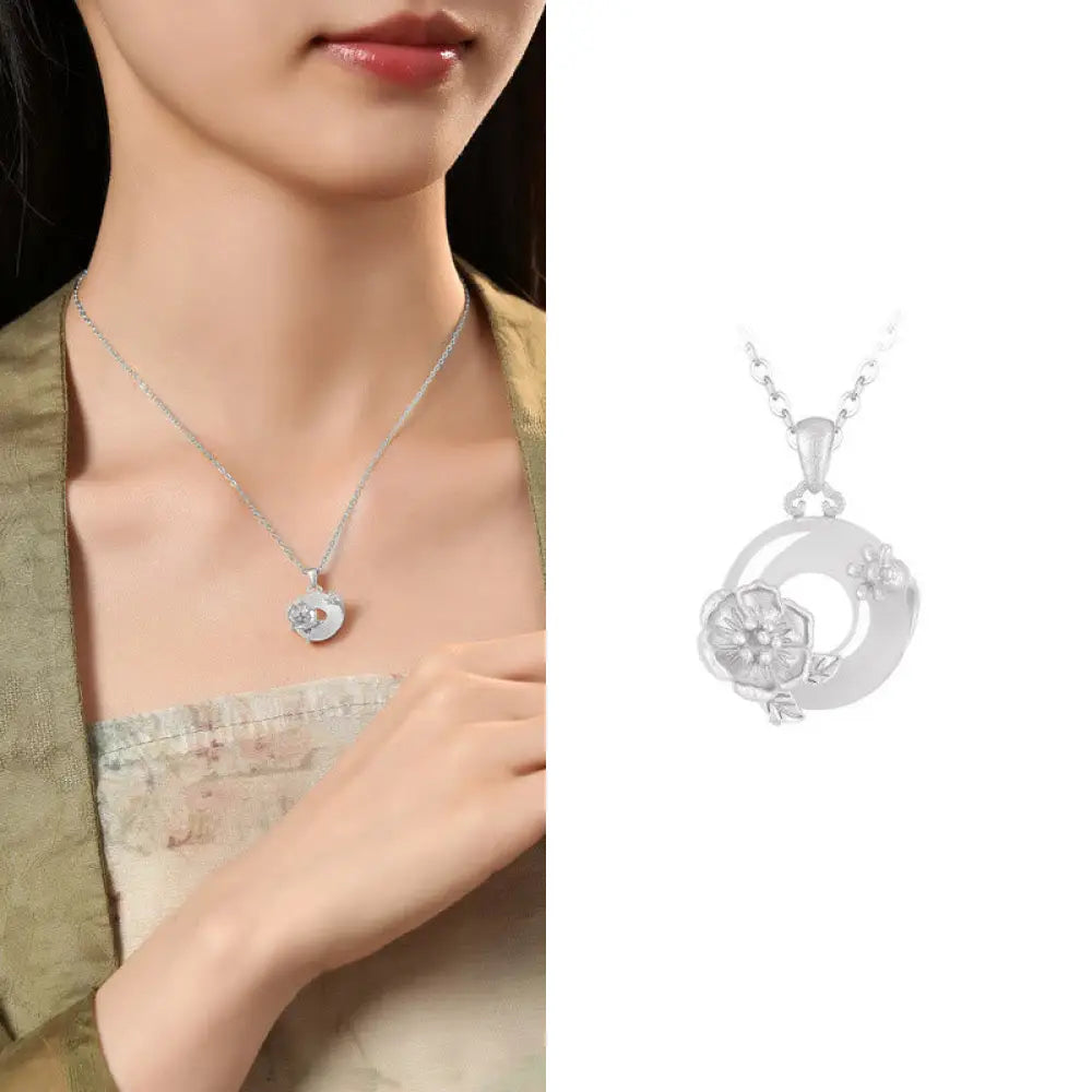 Buddha Stones Chalcedony 925 Sterling Silver Peace Buckle Flowers Necklace Pendant - BWOOOH - Pomegranate Blossom / 925