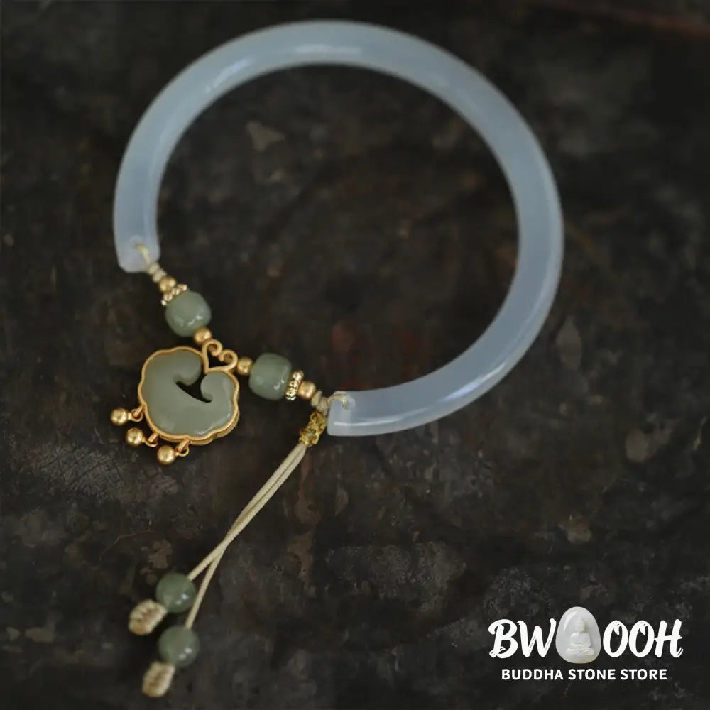 Buddha Stones Chalcedony Hetian Jade 925 Sterling Silver Auspicious Cloud Ruyi Lock Harmony Cuff Half Bracelet Bangle