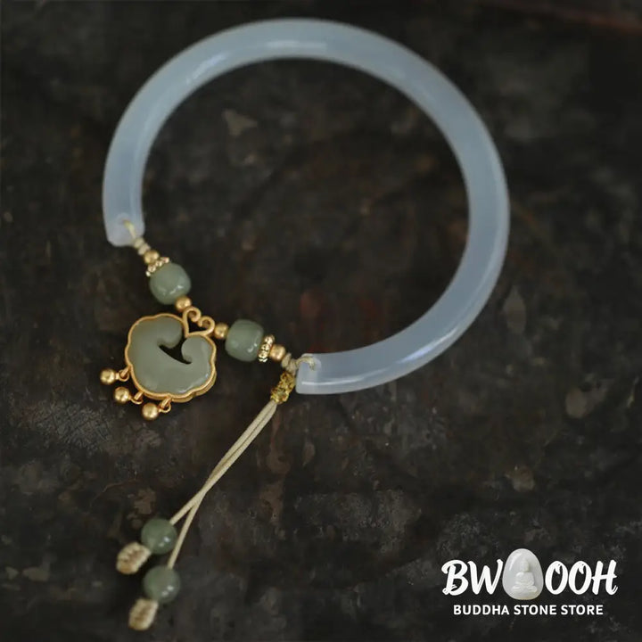 Buddha Stones Chalcedony Hetian Jade 925 Sterling Silver Auspicious Cloud Ruyi Lock Harmony Cuff Half Bracelet Bangle
