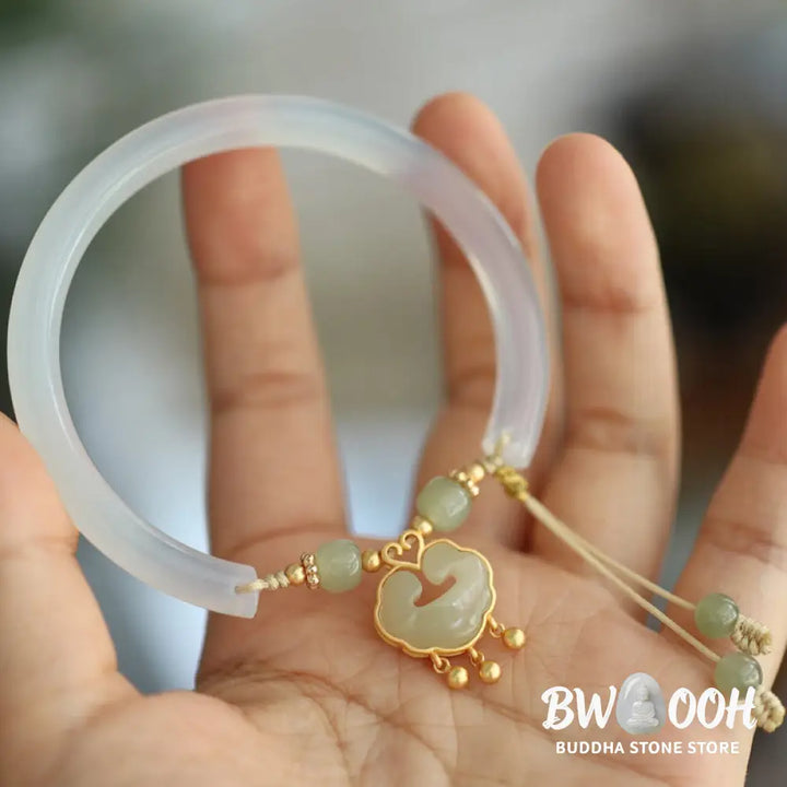 Buddha Stones Chalcedony Hetian Jade 925 Sterling Silver Auspicious Cloud Ruyi Lock Harmony Cuff Half Bracelet Bangle