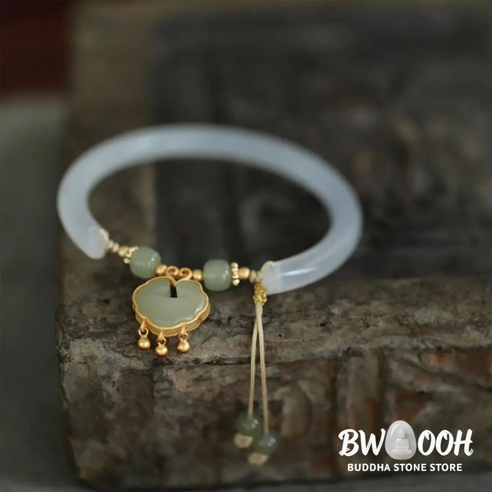 Buddha Stones Chalcedony Hetian Jade 925 Sterling Silver Auspicious Cloud Ruyi Lock Harmony Cuff Half Bracelet Bangle