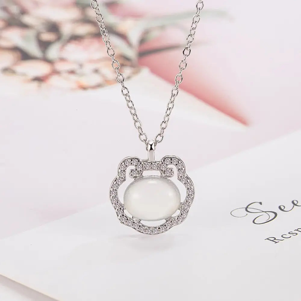 Buddha Stones Chalcedony Lock of Good Wishes Positive Necklace Pendant - BWOOOH - Silver Chalcedony - Necklaces &amp;