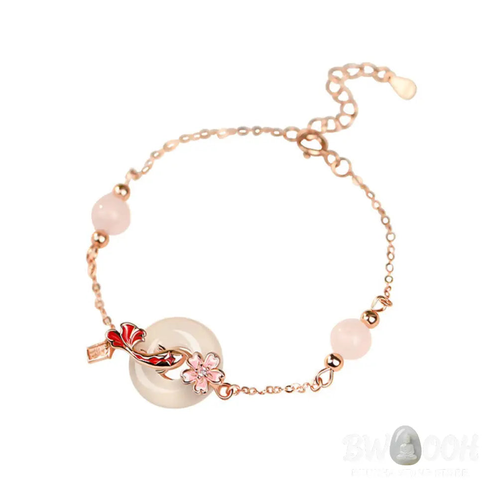 Buddha Stones Chalcedony Pink Crystal 925 Sterling Silver Flowers Koi Fish Peace Buckle Positive Bracelet - BWOOOH