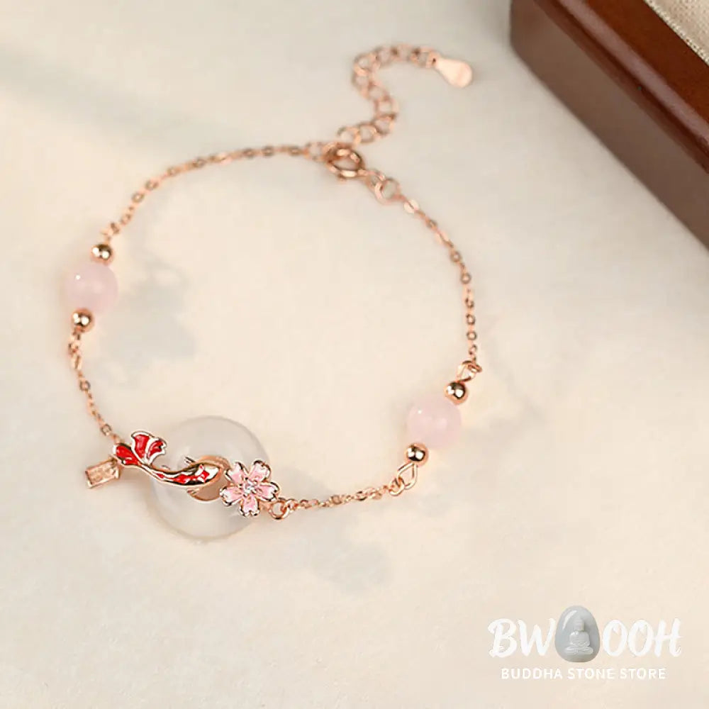 Buddha Stones Chalcedony Pink Crystal 925 Sterling Silver Flowers Koi Fish Peace Buckle Positive Bracelet - BWOOOH