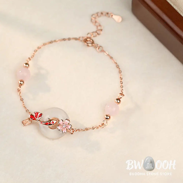 Buddha Stones Chalcedony Pink Crystal 925 Sterling Silver Flowers Koi Fish Peace Buckle Positive Bracelet - BWOOOH