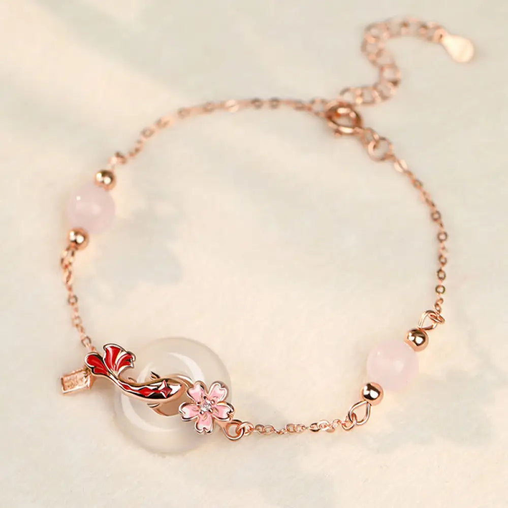 BWOOOH Chalcedony Pink Crystal 925 Sterling Silver Flowers Koi Fish Peace Buckle Positive Bracelet - BWOOOH