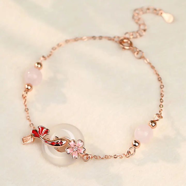 BWOOOH Chalcedony Pink Crystal 925 Sterling Silver Flowers Koi Fish Peace Buckle Positive Bracelet - BWOOOH