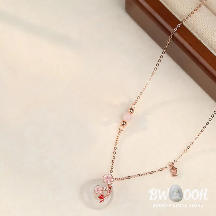 Buddha Stones Chalcedony Pink Crystal 925 Sterling Silver Flowers Koi Fish Peace Buckle Positive Necklace Pendant