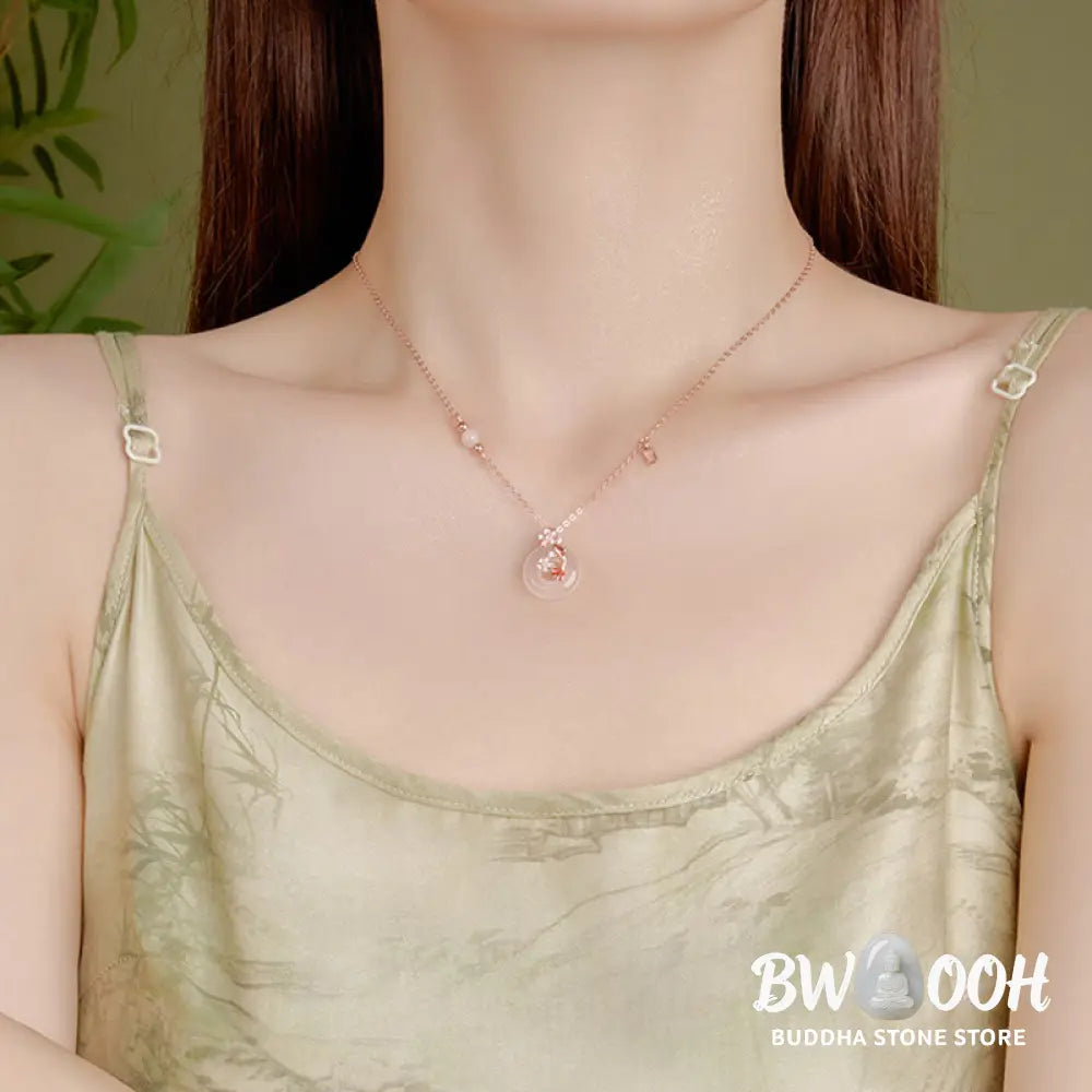 Buddha Stones Chalcedony Pink Crystal 925 Sterling Silver Flowers Koi Fish Peace Buckle Positive Necklace Pendant