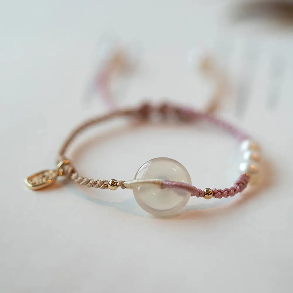 Buddha Stones Chalcedony Round Peace Buckle Positive String Bracelet - BWOOOH - Pink Beige - Bracelet
