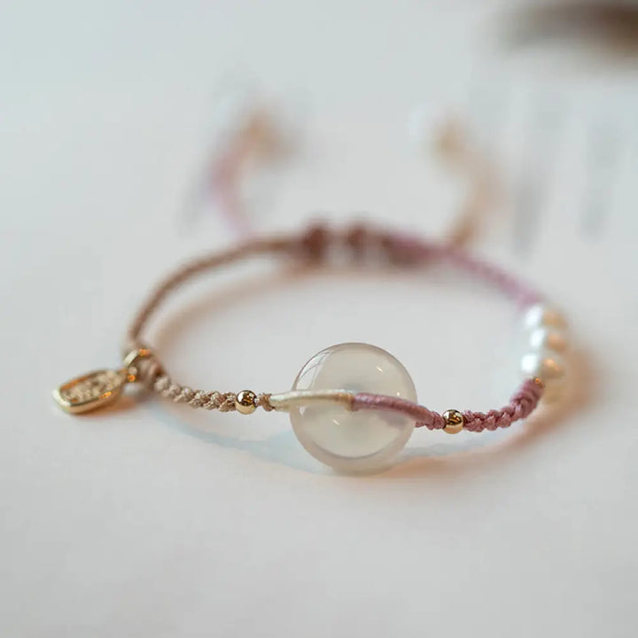 Buddha Stones Chalcedony Round Peace Buckle Positive String Bracelet - BWOOOH - Pink Beige - Bracelet