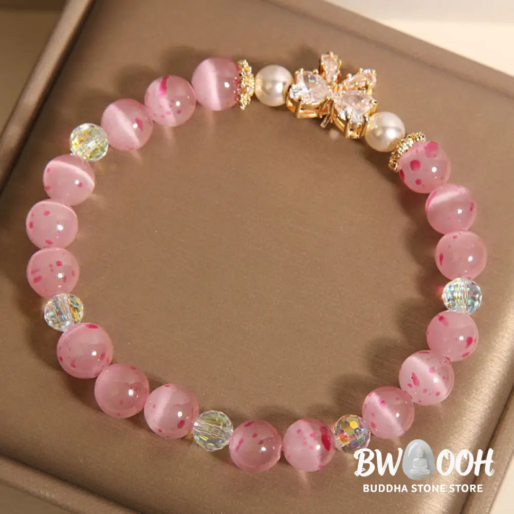 Buddha Stones Cherry Blossom Pink Cat’s Eye Pearl Bow-knot Rosette Support Bracelet - BWOOOH - Cat’s Eye(Wrist