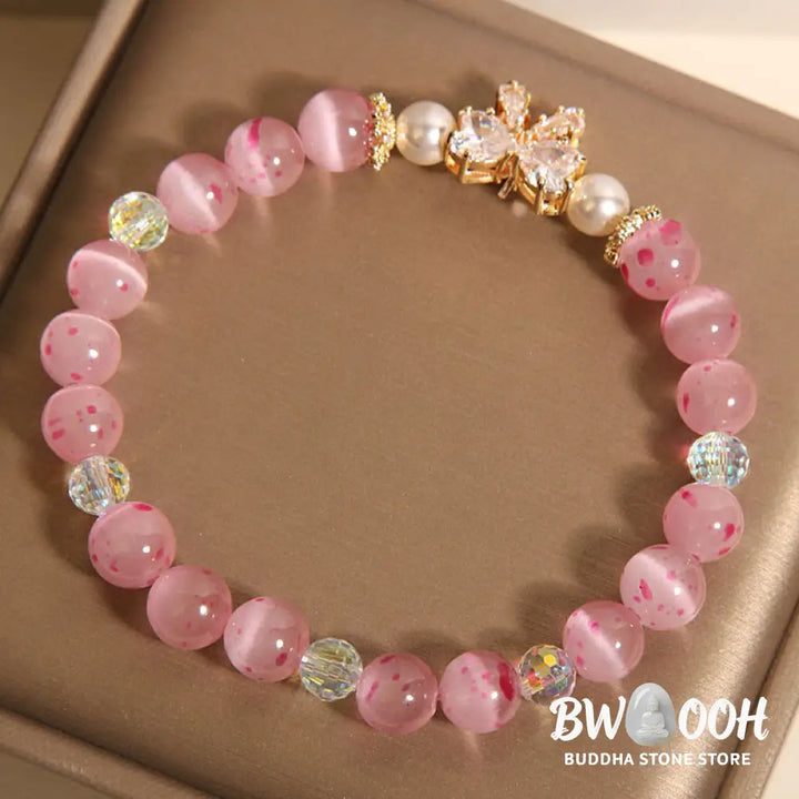 Buddha Stones Cherry Blossom Pink Cat’s Eye Pearl Bow-knot Rosette Support Bracelet - BWOOOH - Cat’s Eye(Wrist