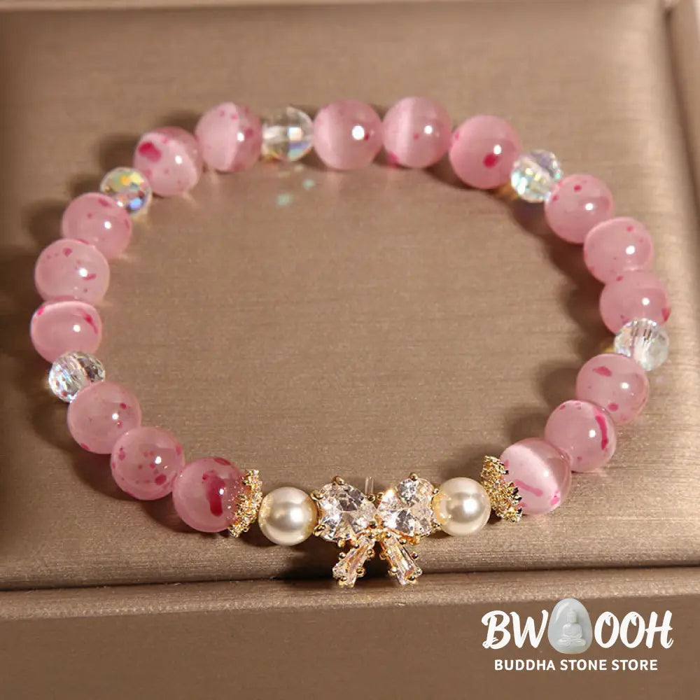 Buddha Stones Cherry Blossom Pink Cat’s Eye Pearl Bow-knot Rosette Support Bracelet - BWOOOH - Cat’s Eye(Wrist