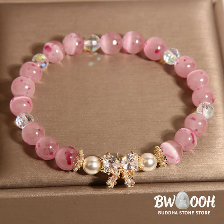 Buddha Stones Cherry Blossom Pink Cat’s Eye Pearl Bow-knot Rosette Support Bracelet - BWOOOH - Cat’s Eye(Wrist
