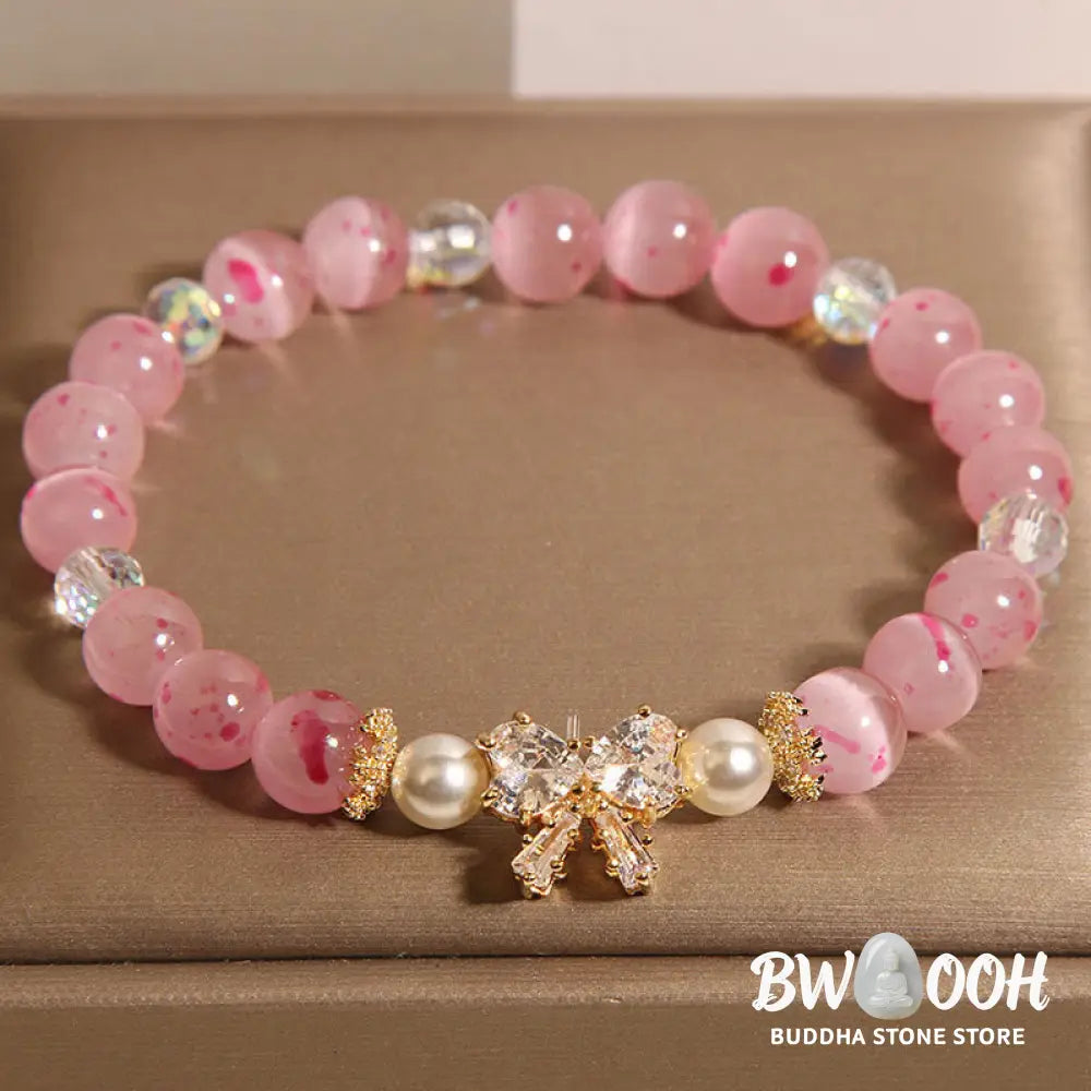 Buddha Stones Cherry Blossom Pink Cat’s Eye Pearl Bow-knot Rosette Support Bracelet - BWOOOH - Cat’s Eye(Wrist