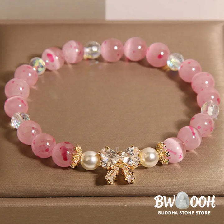 Buddha Stones Cherry Blossom Pink Cat’s Eye Pearl Bow-knot Rosette Support Bracelet - BWOOOH - Cat’s Eye(Wrist