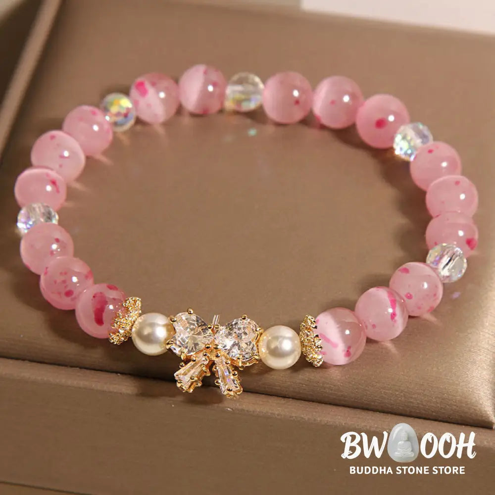 Buddha Stones Cherry Blossom Pink Cat’s Eye Pearl Bow-knot Rosette Support Bracelet - BWOOOH - Cat’s Eye(Wrist