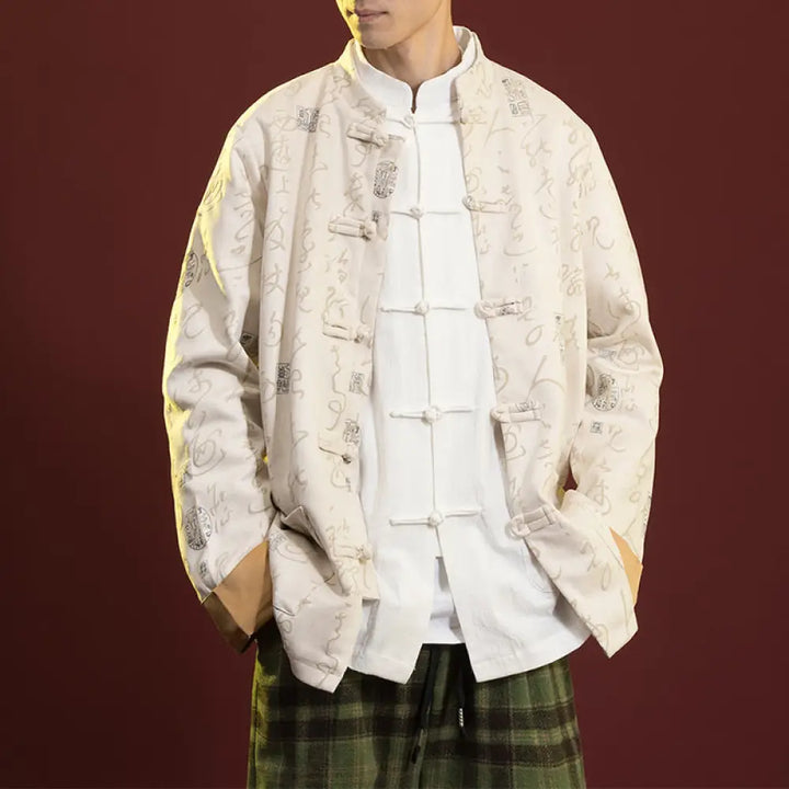Buddha Stones Chinese Calligraphy Clothing Jacket Coat Tang Suit Men Clothing - Beige(Top Only) / US/UK/AU34，EU44 (M)