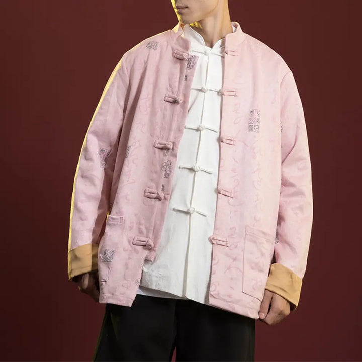 Buddha Stones Chinese Calligraphy Clothing Jacket Coat Tang Suit Men Clothing - Light Pink(Top Only) / US/UK/AU34，EU44
