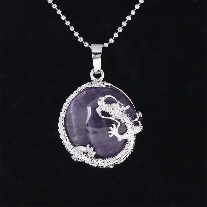 BWOOOH Chinese Dragon Natural Quartz Crystal Healing Necklace Pendant. Carved dragon on polished quartz, available as Amethyst, Rose Quartz, or White Crystal. Symbolizes spiritual strength, balance, and positive energy. - View 3