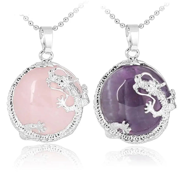 BWOOOH Chinese Dragon Natural Quartz Crystal Healing Necklace Pendant. Carved dragon on polished quartz, available as Amethyst, Rose Quartz, or White Crystal. Symbolizes spiritual strength, balance, and positive energy.