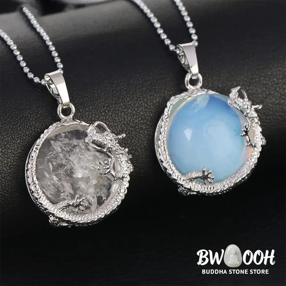 BWOOOH Chinese Dragon Natural Quartz Crystal Healing Necklace Pendant. Carved dragon on polished quartz, available as Amethyst, Rose Quartz, or White Crystal. Symbolizes spiritual strength, balance, and positive energy. - View 2
