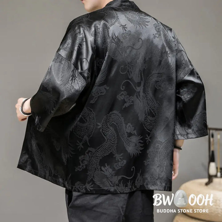 Buddha Stones Chinese Dragon Open Front Jacket Men’s Kimono - Men’s Kimono