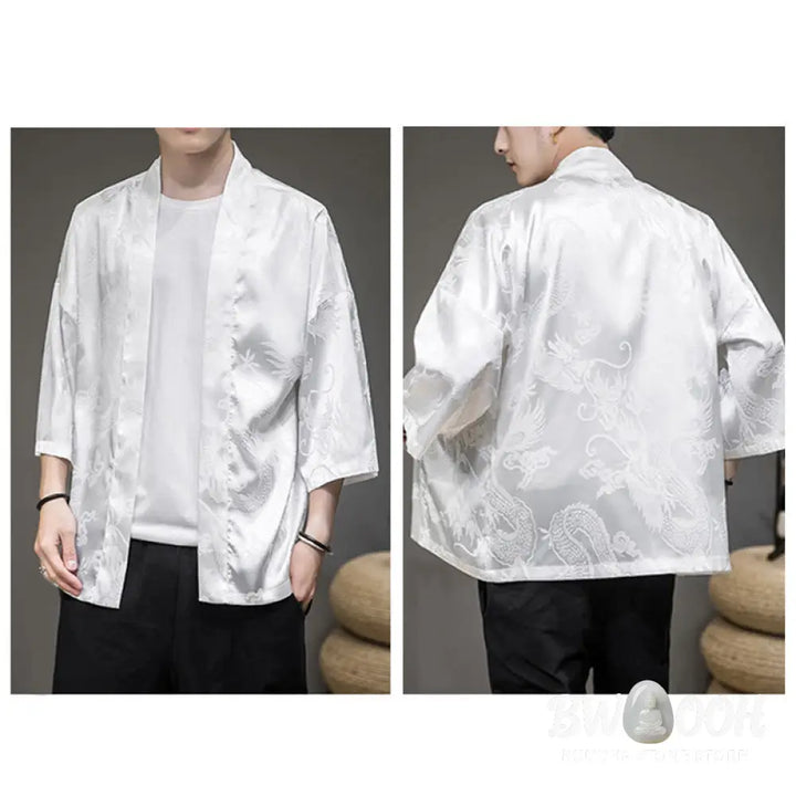 Buddha Stones Chinese Dragon Open Front Jacket Men’s Kimono - Men’s Kimono