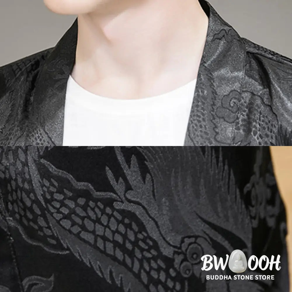 Buddha Stones Chinese Dragon Open Front Jacket Men’s Kimono - Men’s Kimono